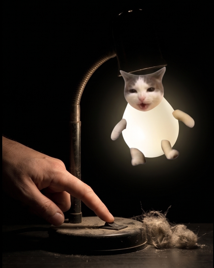 Lamp Cat glowing in a desk lamp while a finger presses the switch